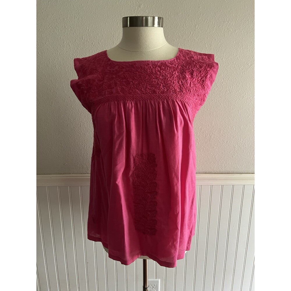 J Marie Embroidered Tunic Top Tank Mexican Oaxaca Boho Hot Pink Small